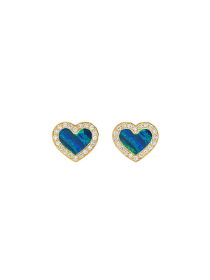 Diamond Inlay Heart Studs - Opal