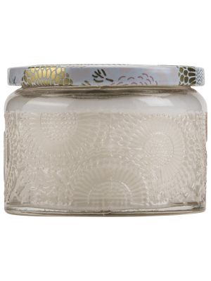 Petite Embossed Glass Jar Candle In Panjore Lychee