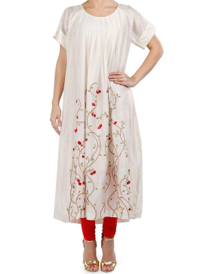 Pleated Neckline Embroidered Kurta