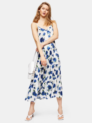 Ivory Floral Tiered Satin Midi Slip Dress