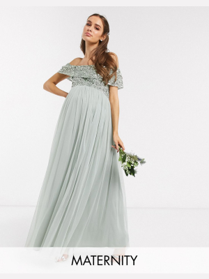 Maya Maternity Bridesmaid Bardot Maxi Tulle Dress With Tonal Delicate Sequins In Sage Green