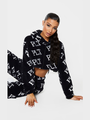 Prettylittlething Black Slogan Printed Borg Hoodie