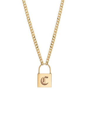 14k Large Padlock Necklace With Engraved Initial On Small Curb Chain