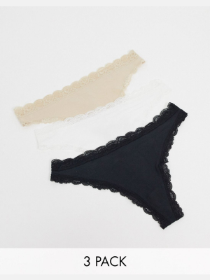 Lindex Emelie Organic Cotton 3 Pack Lace Trim Thong