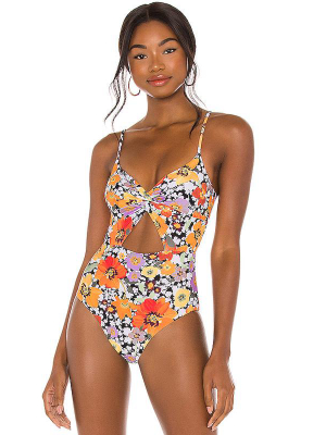 Boho Floral Print Twist Front Cutout V Neck Brazilian One Piece Swimsuit