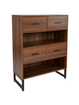 Flash Furniture Lincoln Collection 2 Shelf 41.25"h Display Bookcase With Four Drawers In Rustic Wood Grain Finish