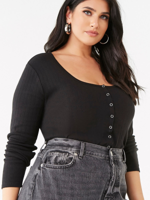 Plus Size Ribbed Button-front Top