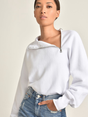 So Uptight French Terry Funnel Neck Zip Sweatshirt In White