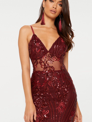 Burgundy Strappy Sheer Panel Sequin Bodycon Dress