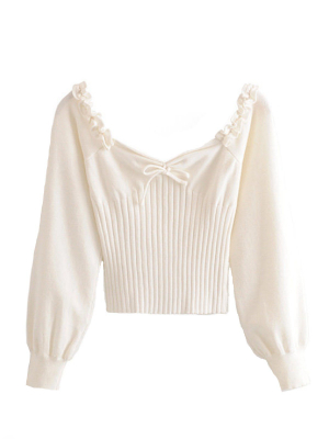 'eunice' White Bow Ribbed Sweaters