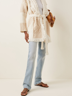 Patchwork Belted Fringed Cashmere And Wool Cardigan