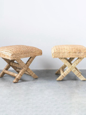 Woven Water Hyacinth & Wood Stool