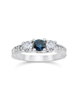 Pompeii3 1ct Vintage Blue Diamond 3-stone Engagement Ring 14k White Gold