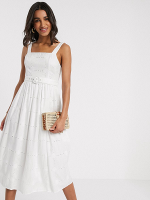 Asos Design Daisy Broderie Midi Sundress With Self Belt In White