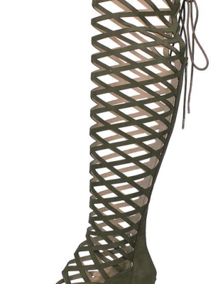 Burke03 Olive Criss Cross Chunky Square Heel Boot