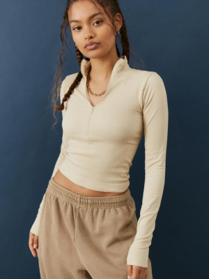 Uo Seamless Ribbed Half-zip Mock Neck Top