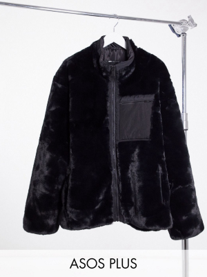 Asos Design Plus Moto Jacket In Black Faux Fur