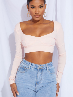 Nude Bengaline Cup Detailing Long Sleeve Crop Top