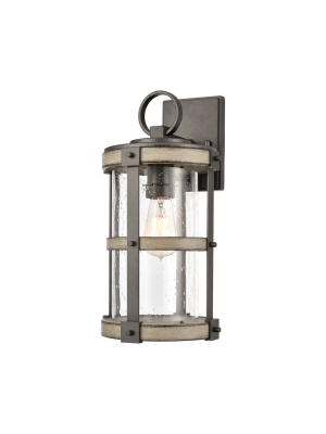 Crenshaw 1-light 16 X 9 X 8 Outdoor Sconce In Anvil Iron And Distressed Antique Gray Wood With Seedy Glass