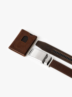 Brown Top Grain Leather Belt And Wallet Set