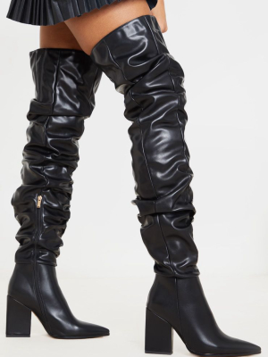 Black Ruched Thigh High Block Heel Boots