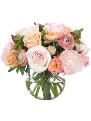 Roses And Peonies In Glass Bubble Vase