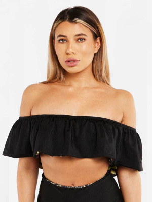 The Amaia Ruffle Off The Shoulder Reversible Bikini Top – Black / Leopard Print