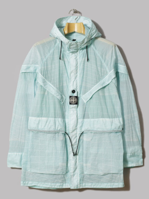 Stone Island Reflective Grid On Lamy-tc Hooded Long Jacket (aqua)