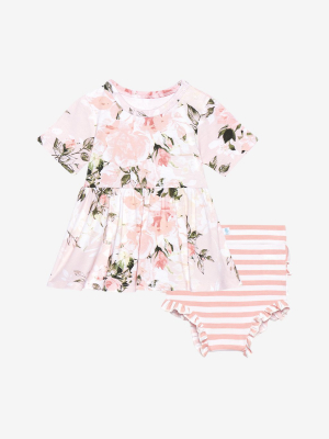 Vintage Pink Rose Short Sleeve Peplum Ruffled Bummie Set