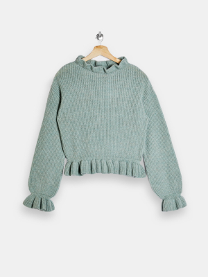 Blue Frill Neck Knitted Sweater