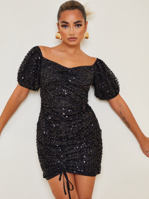 Petite Black Sequin Ruched Detail Bodycon Dress