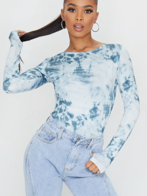 Blue Slinky Tie Dye Thumbhole Long Sleeve Bodysuit