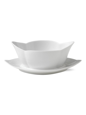 White Fluted Plain Gravy Boat W/ Stand