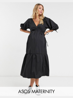 Asos Design Maternity Cotton Poplin Wrap Front Smock Midi Dress In Black