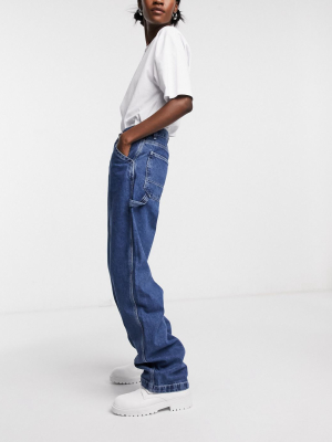 Topshop Carpenter Jeans In Mid Wash Blue