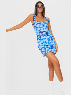 Blue Tie Dye Frill Detail Strappy Bodycon Dress