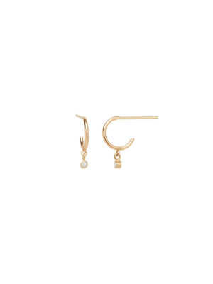 14k Dangle Bezel Opal Thin Huggie Hoops | October Birthstone