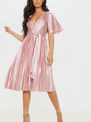 Mairee Dusty Pink Satin Pleated Midi Dress