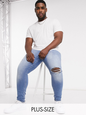 Asos Design Plus Spray On Jeans With Power Stretch In Mid Wash Blue With Abrasions