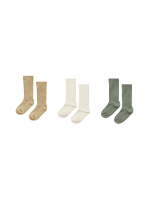 Rylee + Cru Set Of 3 Knee Socks  - Almond/natural/fern