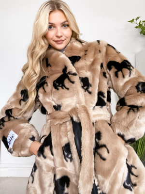 Jakke Krystal Cropped Wrap Front Faux-fur Coat In Horse Print