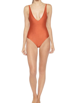 Nia Deep V Open Back One Piece Swimsuit - Adobe Orange