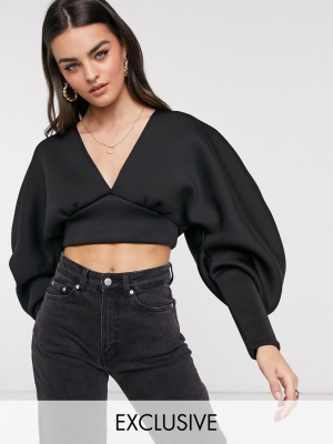 True Violet Exclusive Plunge Balloon Sleeve Crop Top In Black