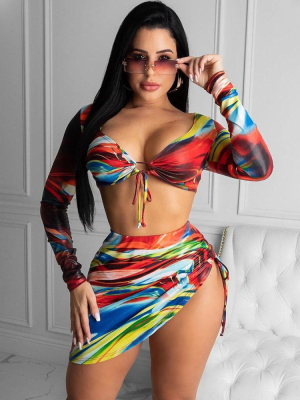 Colorful Tie Dye Long Sleeve Tie Front Brazilian Three Piece Bikini Swimsuit