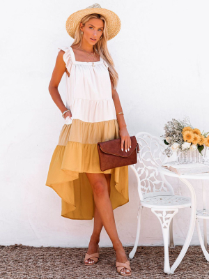 Melody Of Summer Pocketed High Low Tiered Midi Dress - Mustard - Flash Sale