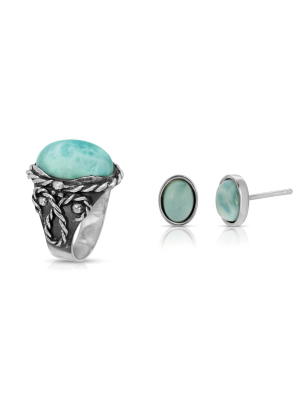 Larimar Braided Ring + Larimar Oval Earrings