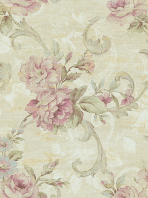 Scrolling Floral Wallpaper In Rosy From The Nouveau Collection By Wallquest