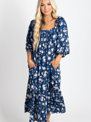 Shower Me With Flowers Floral Maxi Dress - Dark Blue