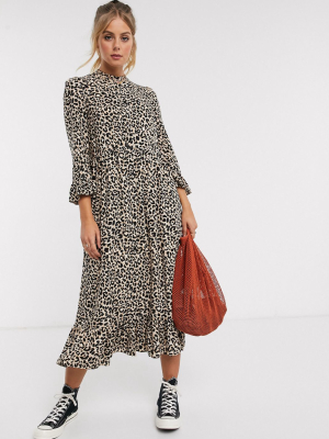 Asos Design Button Through Tiered Smock Maxi Dress In Leopard Print