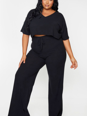 Plus Black Soft Rib Tie Waist Wide Leg Pants